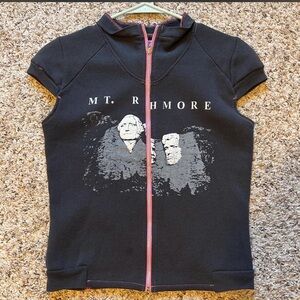 Black Zip-Front Graphic Hoodie Top with Pink Trim